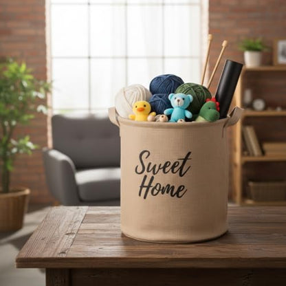 Yuvarlak Jüt Düzenleyici Sepet (Çap 32cm, Yükseklik 36cm) – Krem Renk Katlanabilir Kumaş Kulplu Organizer | Büyük Boy Oyuncak, Çamaşır, Battaniye ve Ev Tekstili Sepeti