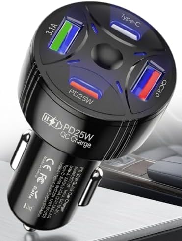 Super Şarj 4 Port PD25W, QC3.0, Araç Şarjı Çakmaklık, 2x Usb 2x Type-C, Çoklayıcı, 12-24V, 5V/6A Max,