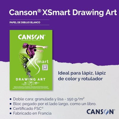XSmart çizim kağıdı, beyaz, çift taraflı: dokulu ve yumuşak, 150 g/m², uzun taraflı yapışkan blok, A4 – 21 x 29,7 cm, beyaz, 40 yaprak