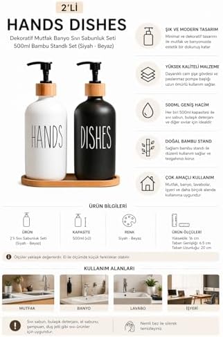 2’li Hands Dishes Siyah Beyaz Cam Sıvı Sabunluk Seti 500 ml, Bambu Standlı Dekoratif Mutfak & Banyo Sabunluk Dispenser Seti Şık Modern Tasarım