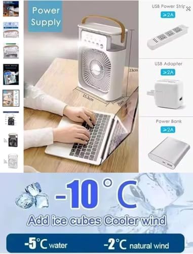 Şarjlı Soğutmalı Vantilatör - Beyaz - 7 Renk LED Işıklı Mini Hava Soğutucu, Buharlı Nemlendirici, Parfüm Hazneli, Zaman Ayarlı, Taşınabilir USB Fan (Ev & Ofis İçin)