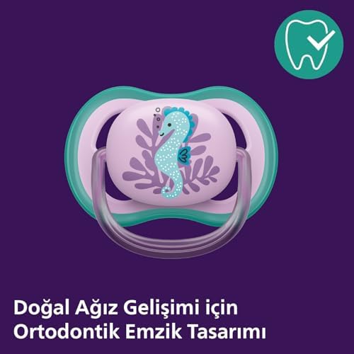Ultra Air Emzik, Kız Bebekler için 6-18 Ay, 2’li Paket, Ortodontik Silikon, Geniş Hava Delikli, Mikrodalga Sterilize Edilebilir, BPA İçermez, Taşıma Kutulu, SCF085/61
