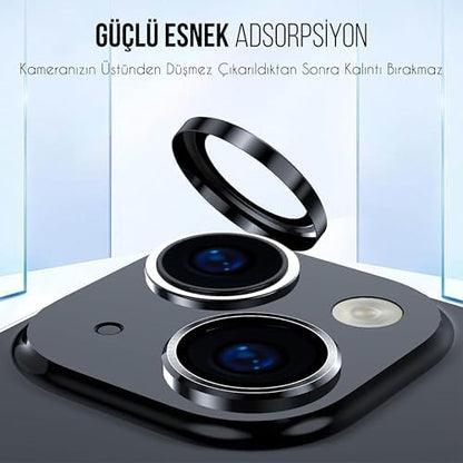 İphone Alüminyum Alaşım Çerçeveli Tempered Glass Kamera Lens Koruyucu (iPhone 15 Siyah)