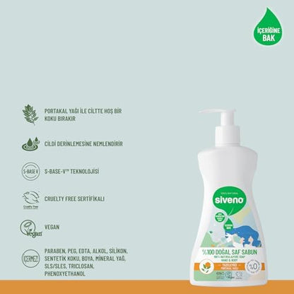 Siveno%100 Doğal Sıvı Kastil Sabun Portakal Yağlı Tazeleyici Nemlendirici Arındırıcı Bitkisel Vegan 300 ml