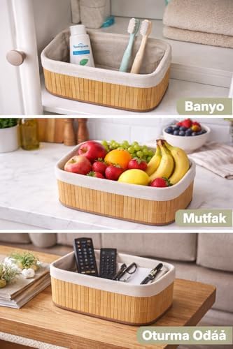 Bambu Meyvelik Sepeti 3’lü Set – Küçük, Orta, Büyük Boy – Çıkarılabilir Kumaş Astarlı – Doğal Ahşap Dekoratif Tezgah & Masa Üstü Organizer (Large)