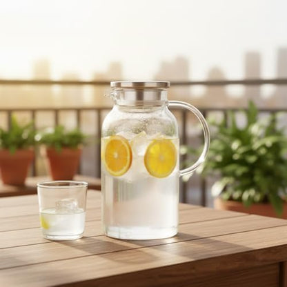 Borosilikat Cam Sürahi - Silikon Contalı Süzgeçli Metal Kapaklı | Konik, Fitilli ve Düz Model Seçenekleri | Isıya Dayanıklı Şeffaf Karaf (1800 ml - 2000 ml) (DÜZ - 1800ML)