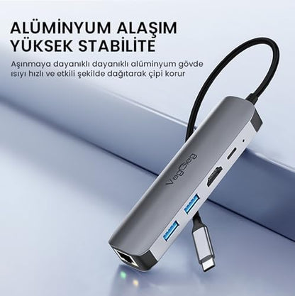 Type-C PD100W 5 Portlu 4K 30Hz HDMI 100Mbps Ethernet USB 2.0 + USB 3.0 Çoklayıcı Hub