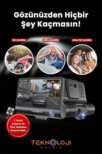 Araç İçi Kamera 4'' Lcd Ekran 3 Kameralı 170° Geniş Açı 1080p G-Sensör Gece Görüşlü Uyumlu Yol Kayıt