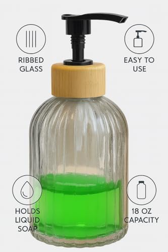 Zbern Cam Sıvı Sabunluk – Doğal Bambu Başlıklı | Şeffaf Cam Gövde | Banyo, Mutfak ve Lavabo Üstü Kullanım için Modern Pompalı Sabun Dispenseri 300 ML