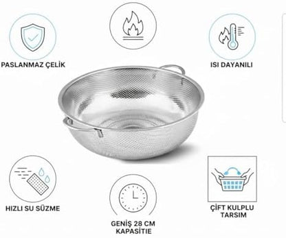 Premium 22 cm Paslanmaz Çelik Mutfak Süzgeci, Çift Kulplu Metal Pirinç ve Bakliyat Yıkama Kabı, Isıya Dayanıklı Delikli Sebze Meyve Süzme Kasesi (Gümüş)