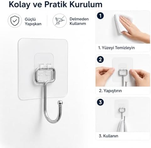 Yapışkanlı Askılık Krom Kaplama, Delmeden Montajlı Banyo ve Mutfak Askısı, Şeffaf Yapışkan Tabanlı Metal Askı, Havlu Bez Anahtar Askılığı(2 Adet Gönderilmektedir)