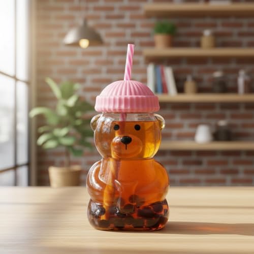 Sevimli Ayıcık Figürlü Borosilikat Cam Bardak 580 ml - Silikon Kapaklı ve Pipetli Lüx Barista Soğuk İçecek Bardağı (PEMBE)