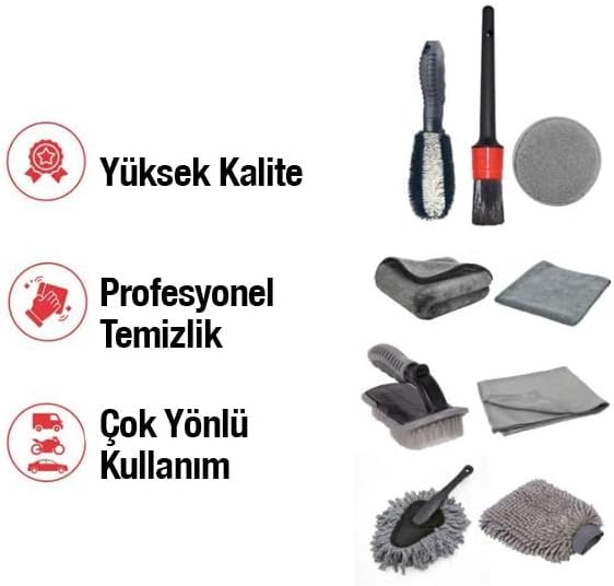 Coofbe Profesyonel Mikrofiber 9 Parça Araç Temizleme Seti Araç Lastik Torpido Jant Yıkama Seti Araç Fırca Seti