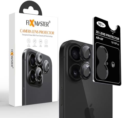 Fixmaster iphone 16-16 Plus Uyumlu (SİYAH) Kamera Lens Koruyucu, Kolay Kurulum, Alüminyum Alaşımlı Çerçeve, Darbelere ve Çizilmelere Karşı Yüksek Dayanıklı Temperli Cam