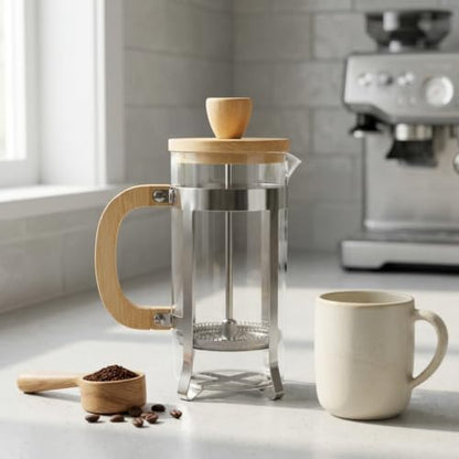 350 ml French Press Kahve ve Bitki Çayı Demliği - Paslanmaz Çelik İç Yapı, Akasya veya Bambu Ahşap Detay Seçenekleriyle Lüks Borosilikat Cam Tasarım (BAMBU KULP)