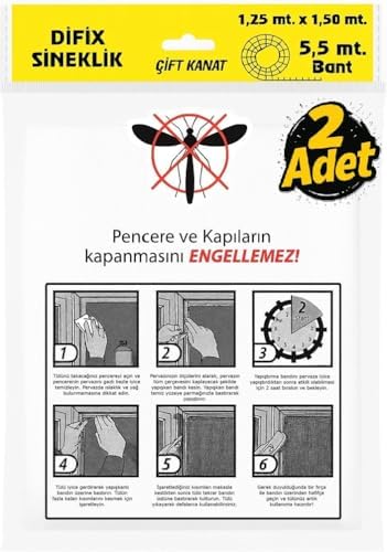 Çift Kanat Pratik Sineklik, 1,25  m x 1.5 m Tül, Kapı & Pencere Uyumlu, 5,5 m Yapıştırma Bantlı (2 Adet)
