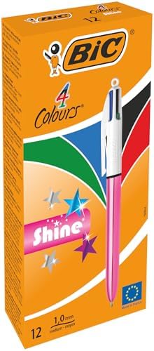 4 Colours Shine Pembe Gövde Tükenmez Kalem 12'li Kutu, 4 Renk (Mavi, Siyah,Yeşil ve Kırmızı), 1.0 mm. Uç