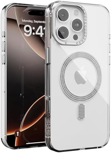 iPhone 15 ile Uyumlu Şeffaf Taşlı Mag-Safe Kılıf – Sert Mika Sararmaz Kılıf, N52 Güçlü Mıknatıs, Bağımsız Tuşlar, Lüks Kristal Tasarım (Siyah Şeffaf, iPhone 15)
