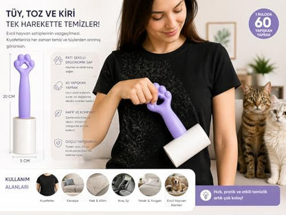 4’lü Set Tüy Toplama Rulosu, 60 Yapraklı Güçlü Yapışkan Sticky Roller, Pati Tasarımlı Sap, Kedi Köpek Tüyü Temizleyici, Kıyafet Koltuk Halı ve Araç İçi İçin (20 cm)
