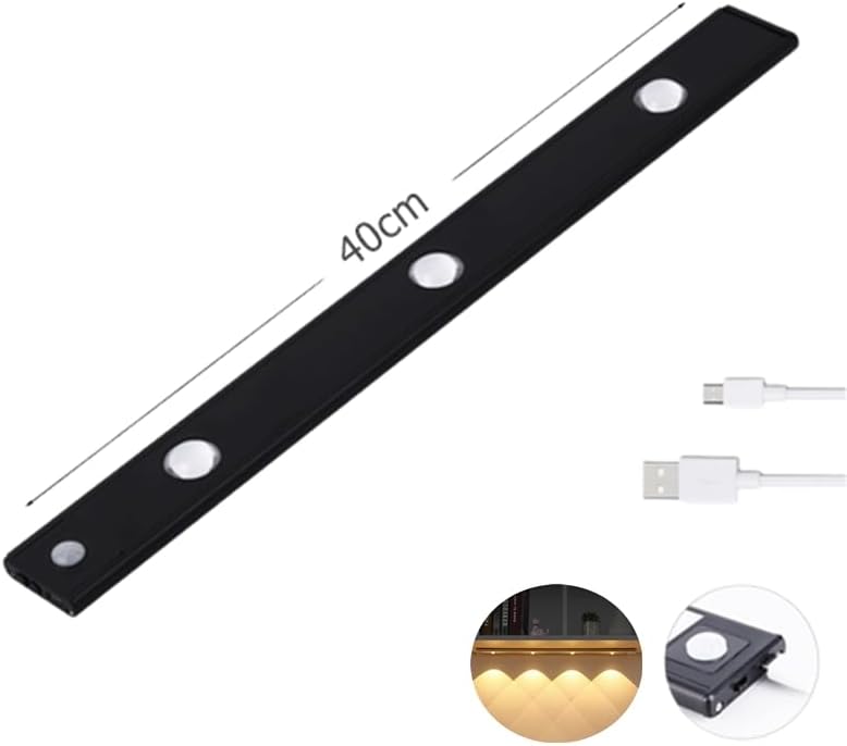 Akasya Sensörlü Şarjlı Kabin Altı LED Aydınlatma, HeroLed 40cm Ultra Slim Siyah, 3 Farklı Işık Rengi (Gün Işığı/Ilık Beyaz/Beyaz), Kademesiz Dimmerli, Mıknatıslı, Mutfak, Gardırop, Gece Lambası