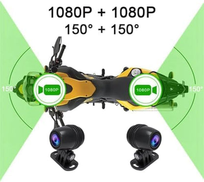 Çift Ön–Arka Motosiklet Kamerası – Full HD 1080P, 150° Geniş Açı Lens, 3.0” IPS Ekran, WiFi Destekli DVR Kayıt, G-Sensör, Uzaktan Kumanda, 128GB TF Kart Destekli, DC 5–24V Güç Girişi | V9