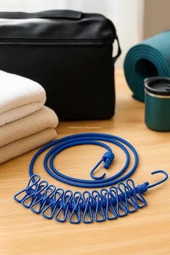 Portatif Seyahat Çamaşır İpi, 12 Adet Sabit Mandallı Lastikli Esnek Tasarım, Kolay Kurulum için Metal Kancalı, Kamp, Balkon, Otel, Yurt ve Ev İçi Kullanıma Uygun Pratik Çamaşır Asma Askısı