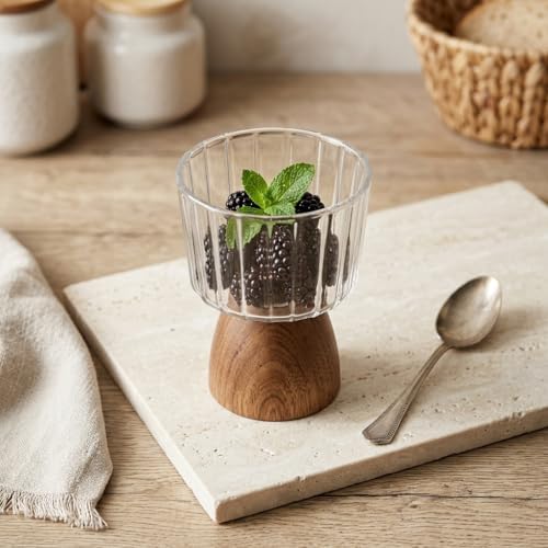 Doğal Akasya Ahşap Ayaklı Borosilikat Cam Sunumluk - Çerezlik, Dondurmalık ve Tatlı Kasesi (10x9x6 cm, 1 Adet, Küçük)