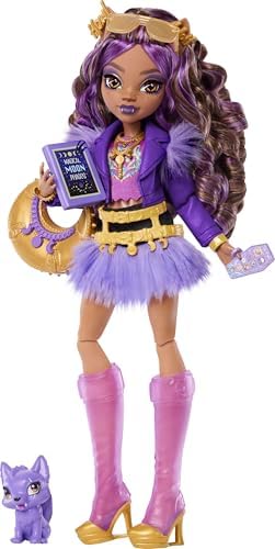 Mor motosiklet ceketi ve tüylü etek giyen Clawdeen Wolf bebek, kurt Crescent ve kitap, kruvasan ve çanta gibi 7 aksesuar, JHK30