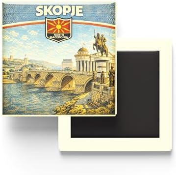 Kuzey Makedonya Üsküp Şehri Temalı Vintage Buzdolap Magneti – 9x9 cm