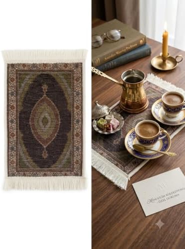 BYBARS El Yapımı Osmanlı Desenli Mini Kilim 20x33 cm – Dekoratif Masa Üstü Kilim – Türk Motifli Geleneksel Ev Dekoru – Püsküllü Vintage Mini Halı (Çok Renkli Koyu Renkler Odaklı 7)