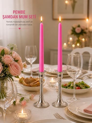 2’li Pembe Şamdan Mum Seti 25 cm – Dekoratif İnce Şamdan Mum, Kokusuz Parafin Wax,%100 Pamuk Fitil, El Döküm, Uzun Süre Yanma (~10 Saat), Şık Sofra, Davet, Nişan, Düğün ve Ev Dekorasyonu İçin Zarif