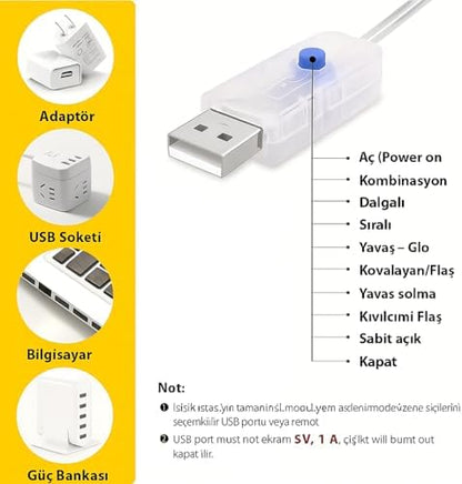 10 Metre SARI 100 LED Işıklar Peri Işıkları 8 MOD RGB Işıkları USB SARI Renkli Işık Peri Dize Işıkları Tel Fonksiyonlu Süsleme İnce Telli Aydınlatmalı Şerit Led Yılbaşı Işık Yılbaşı Süsü