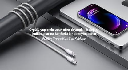 60W 3A PD Type-C to Type-C Hızlı Şarj ve Data Kablosu Beyaz 1 Metre