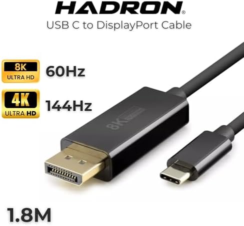 Hadron Type-C to DisplayPort Kablo - 8K 60Hz / 4K 144Hz Destekli, 1.8 Metre, Thunderbolt 3/4 Uyumlu, MacBook, iPad ve Yeni Nesil Laptoplar için DP Dönüştürücü Görüntü Kablosu (Siyah)