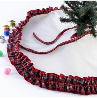 Fırfırlı Yılbaşı Çam Ağacı Örtüsü, Pamuklu Ekose Ve Naturel 60 Cm Karışık