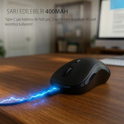 IWM-289T 2.4G Kablosuz Optik Mouse | Sessiz Tuş 1000-1200-1600 DPI Rubber Yüzey Type-C Şarjlı Sağ-Sol El Kullanım Mouse