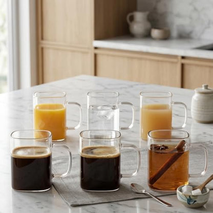 6 Adet Kare Cam Kupa Seti - Kulplu Isıya Dayanıklı Çay, Kahve, Espresso ve Meşrubat Bardağı Takımı (230 ml)