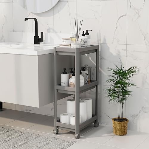 Peggy 3 Katlı Tekerlekli Raf Ünitesi - 36x71x23 cm Dar Alan Düzenleyici - Mutfak ve Banyo İçin Aletsiz Kurulum Servis Arabası (Beyaz - Siyah - Gri) (GRİ)