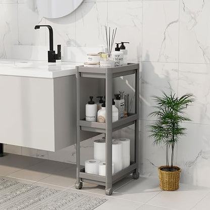 Peggy 3 Katlı Tekerlekli Raf Ünitesi - 36x71x23 cm Dar Alan Düzenleyici - Mutfak ve Banyo İçin Aletsiz Kurulum Servis Arabası (Beyaz - Siyah - Gri) (GRİ)
