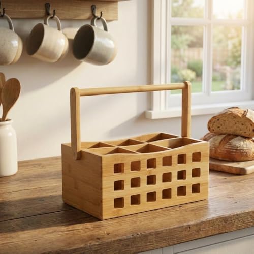 4 Bölmeli Saplı Doğal Bambu Çatal Bıçak Sepeti - Çok Amaçlı Masaüstü Organizer Mutfak Düzenleyici ve Kalemlik Standı (23x15 cm)