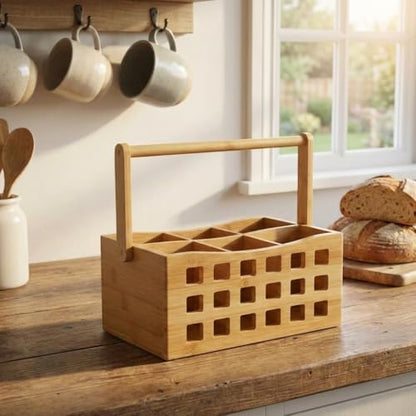 4 Bölmeli Saplı Doğal Bambu Çatal Bıçak Sepeti - Çok Amaçlı Masaüstü Organizer Mutfak Düzenleyici ve Kalemlik Standı (23x15 cm)