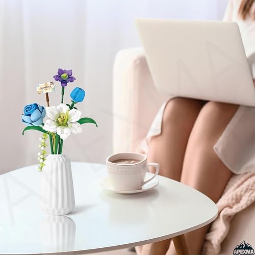 Apexma Çiçek Buketi Yapı Blokları Seti, Mini Bitki Tuğlaları Botanik Koleksiyonu Yapım Oyuncağı, Ev Dekorasyonu İçin Yaratıcı Yapay Çiçekler (4602-Mavi)