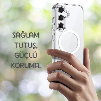 Galaxy A56 için Şeffaf Kılıf Mag-Clear Güçlü Manyetikli A56 Koruyucu Sararmaya Dayanıklı Kalın Yapılı Darbe Emici PC+TPU Hibrit Tasarım A56 Kılıfı