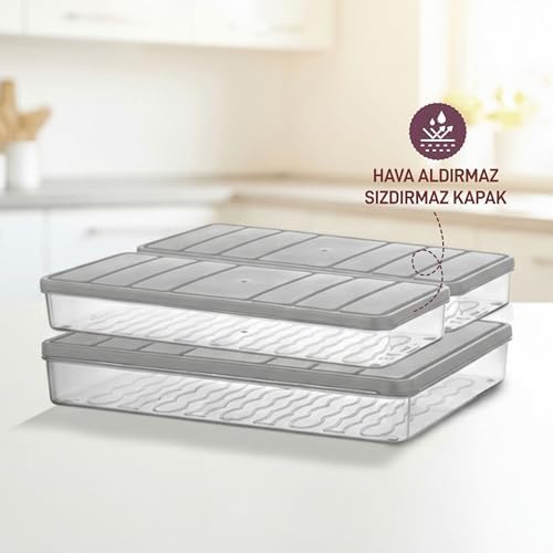 3'lü Set (1 Adet 2,25 2 Adet 1 Lt.) Nora Organizer Buzdolabı Buzluk Düzenleyici Saklama Kabı-Gri