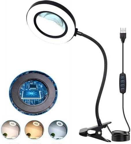 USB Büyüteçli LED Masa Lambası, 3 Renk Modu, Klipsli Tasarım, Esnek Boyun, Doğal Işık, Sıcak Işık, Soğuk Işık