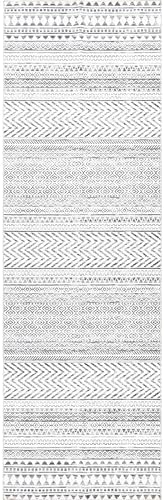 Kira Makinede Yıkanabilir Tribal Geometrik Yolluk Halı, 2' 6" x 12', Gri