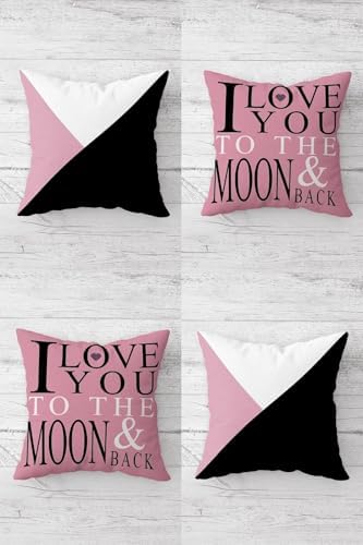 I Love You To The Moon Gizli Fermuarlı Kırlent Kılıfı Koltuk Yastık Kılıfı Takım(4adet), Pembe 45 x 45