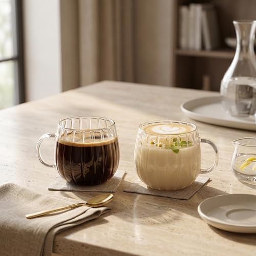 Çizgili Borosilikat Cam Bardak, 350 Ml Geniş Kapasite, Isıya Dayanıklı Yapı, Bulaşık Makinesinde Yıkanabilir, Ev Ofis Restoran İçin Kullanıma Uygun Kulplu Kahve Espresso Latte Sunum Bardağı