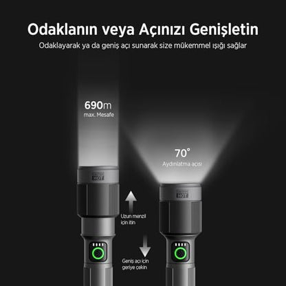 Bix Flashlight BX2101FL 30W LED, Max. 1450 Lümen Parlaklık ve 690 Metreye Kadar Uzun Menzilli Şarj Edilebilir, LED Güç Göstergeli Çok Modlu Acil Durum ve Kamp Kompakt El Feneri