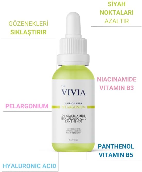 The Vivia Siyah Nokta, Sivilce ve Akne Karşıtı, Gözenek Sıklaştırıcı Cilt Serumu Pelargonium Niacinamide Hyaluronic Acid Panthenol 30 ml